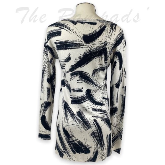 Vince Camuto Black and White Painted Abstract Pattern Long-sleeve Tunic … - Picture 4 of 8